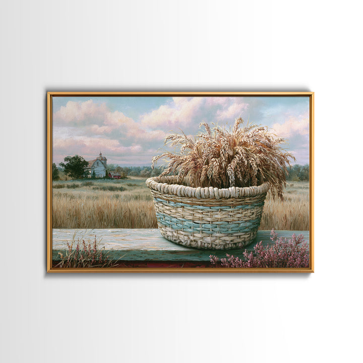 Handwoven Basket with Dried Grasses Framed Canvas Print, Rustic Art, Printable Art, Farmhouse Decor, Fine Art, Rustic, RUS-3x2-28