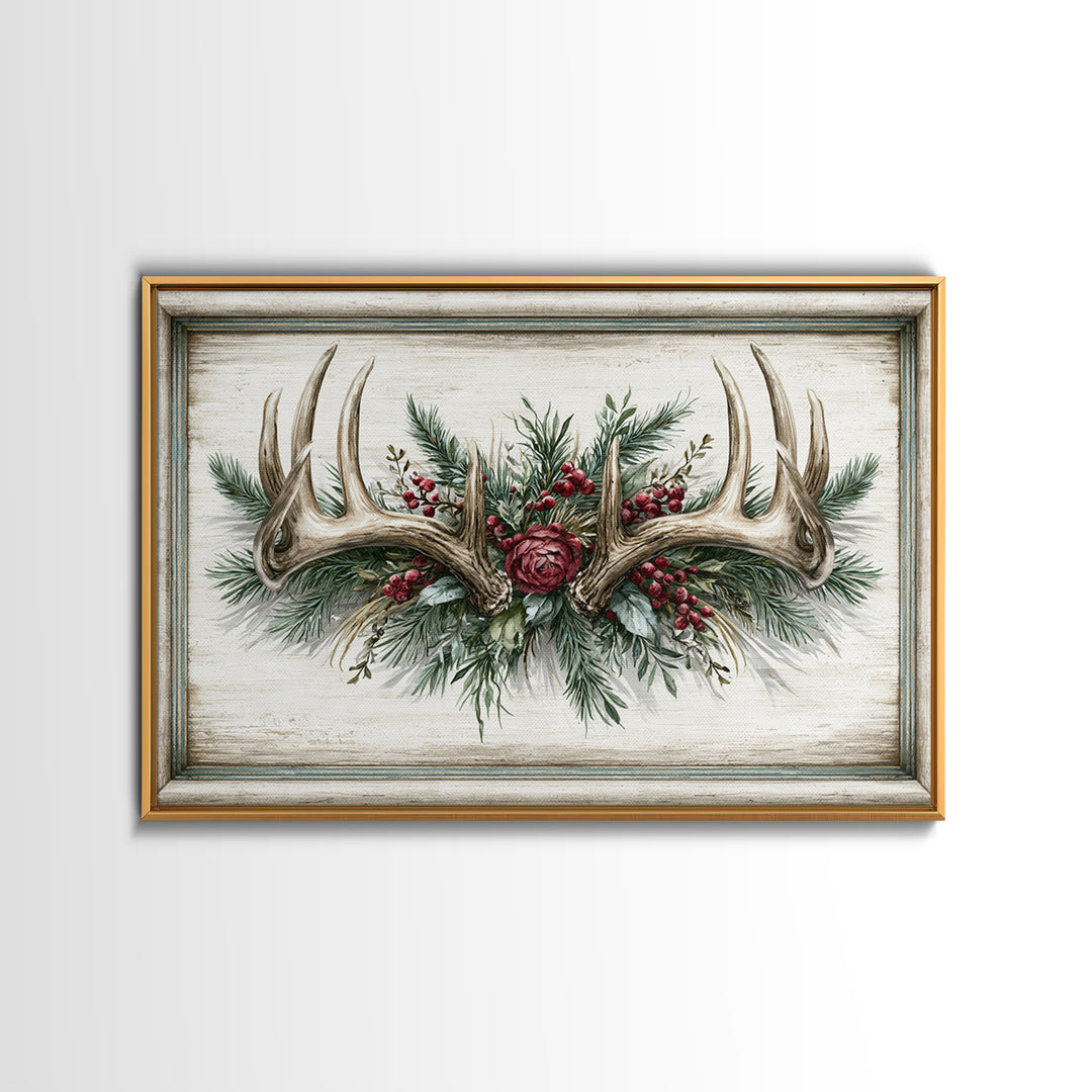 Deer Antlers with Pine Branches and Berries Canvas Print, Rustic Art, 3d Wall Art, Farmhouse Decor, Oil Painting, Rustic, RUS-3x2-30