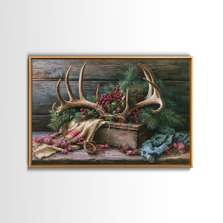 Deer Antlers with Pine Branches and Berries Canvas Print, Rustic Art, 3d Wall Art, Farmhouse Decor, Oil Painting, Rustic, RUS-3x2-54