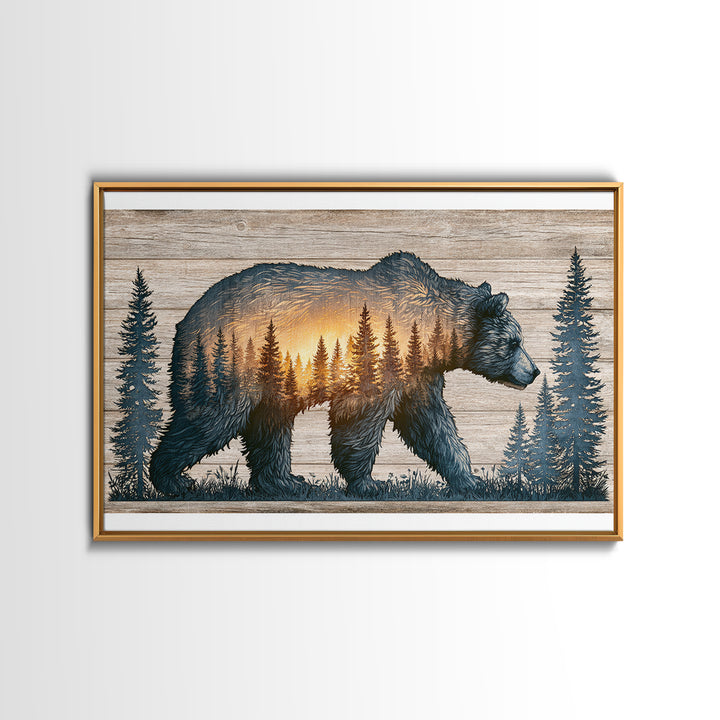 Bear Silhouette Among Pine Trees Framed Canvas Print, Rustic Art, Luxury Decor, Farmhouse Decor, Oil Painting, Rustic, RUS-3x2-59