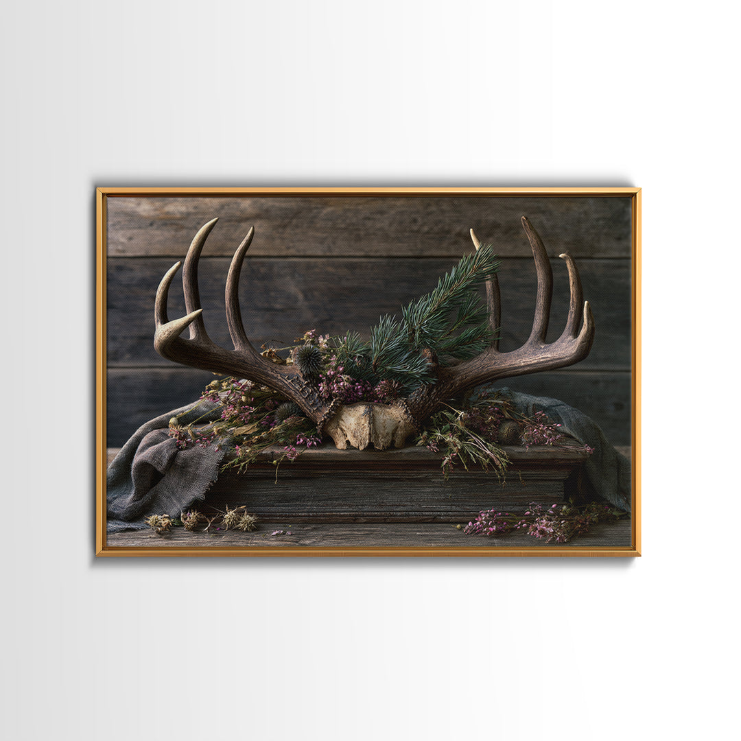 Deer Antlers with Pine Branches and Berries Framed Canvas Print, Rustic Art, Printable Art, Farmhouse Decor, Fine Art, Rustic, RUS-3x2-6