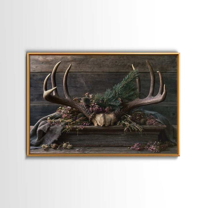 Deer Antlers with Pine Branches and Berries Framed Canvas Print, Rustic Art, Printable Art, Farmhouse Decor, Fine Art, Rustic, RUS-3x2-6