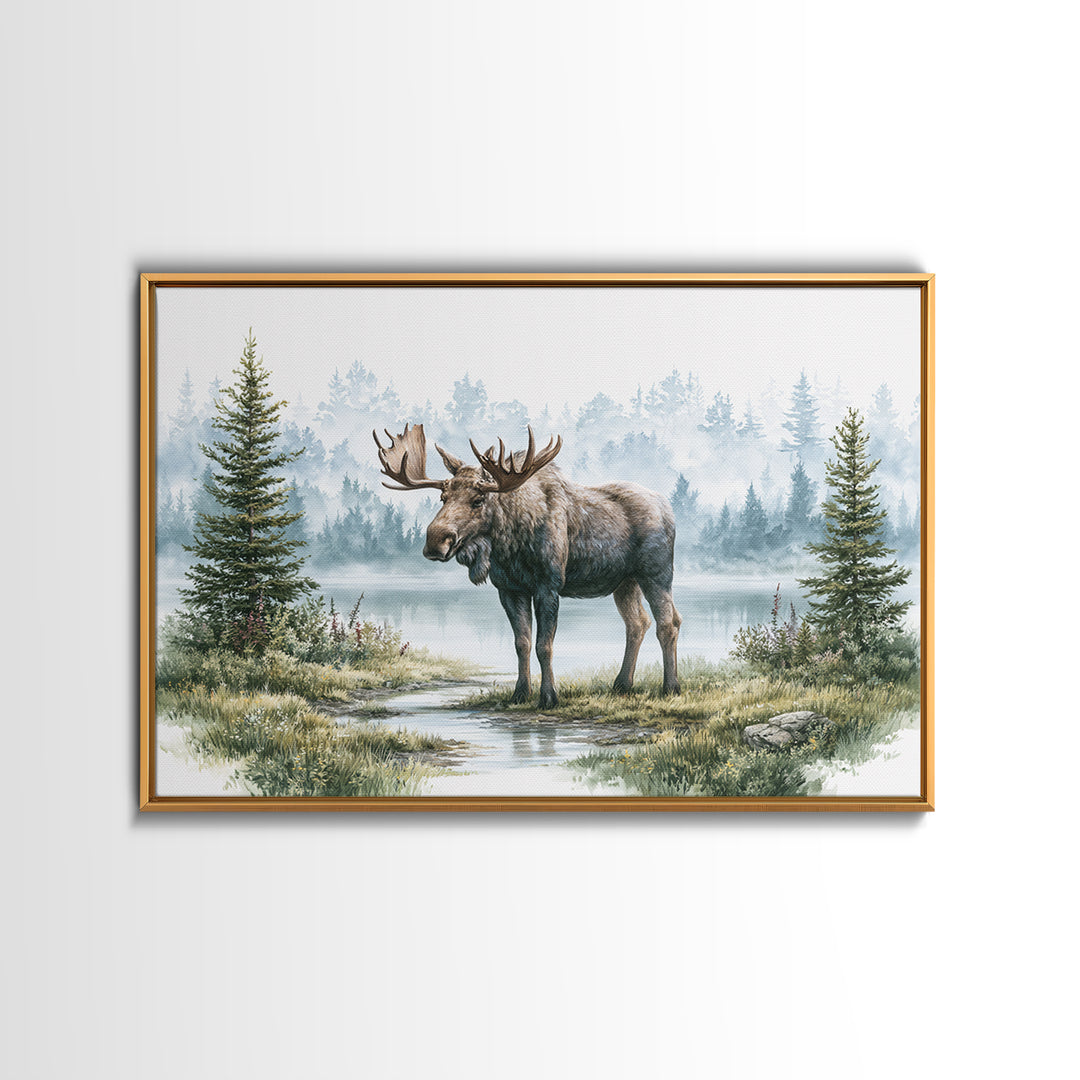 Moose Standing by a Quiet Lake Canvas Print, Rustic Art, Landscape Painting, Farmhouse Decor, Fine Art, Rustic, Modern Decor, RUS-3x2-61