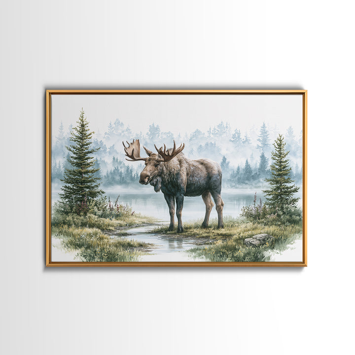 Moose Standing by a Quiet Lake Canvas Print, Rustic Art, Landscape Painting, Farmhouse Decor, Fine Art, Rustic, Modern Decor, RUS-3x2-61