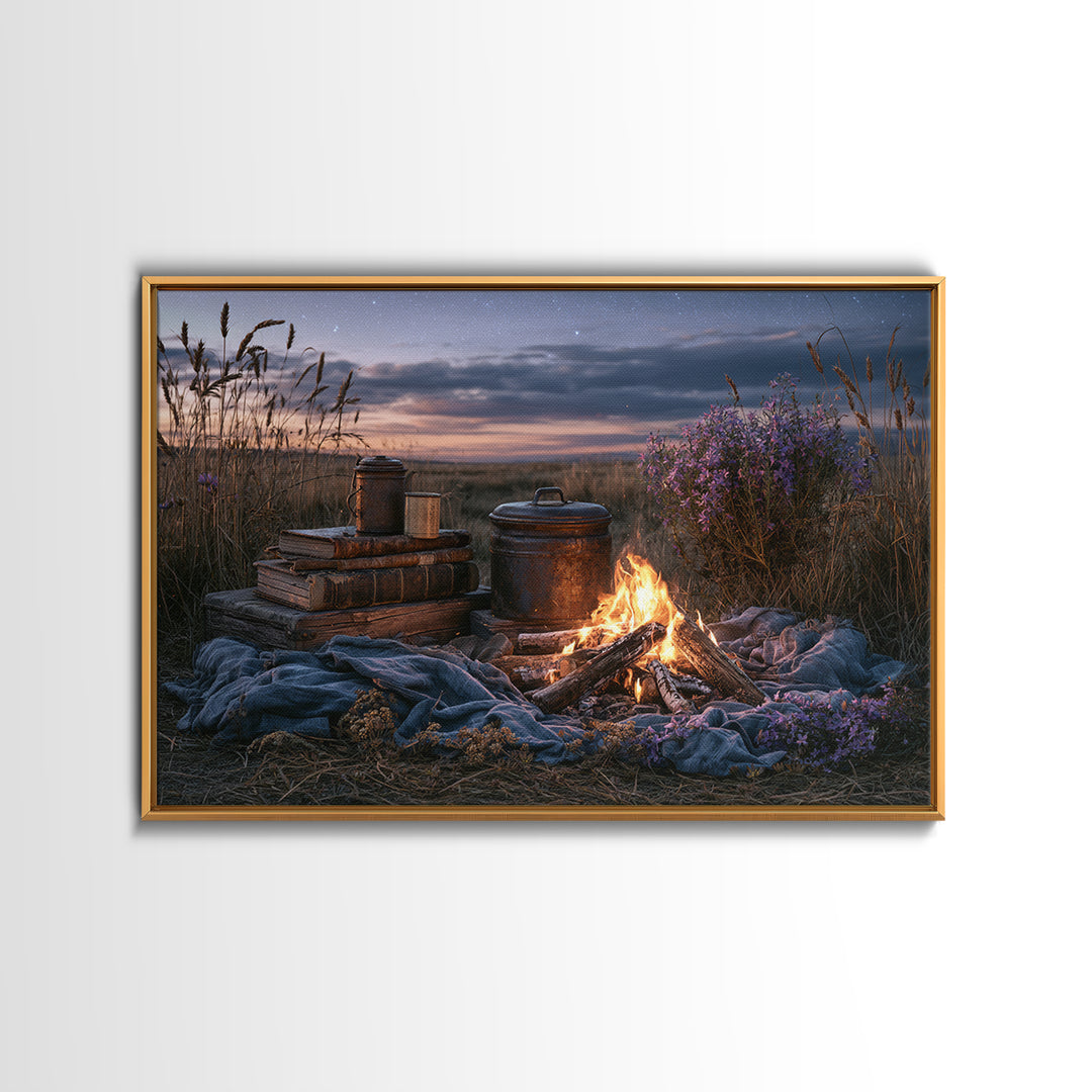 Campfire under a Starry Sky Canvas Print, Rustic Art, Farmhouse Decor, Fine Art, Rustic, Gallery Wall Art, Landscape Wall Art, RUS-3x2-62