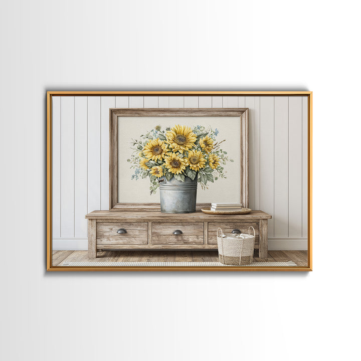 Sunflowers in a Metal Bucket Framed Canvas Print, Rustic Art, Gallery Decor, Farmhouse Decor, Fine Art, Rustic, RUS-3x2-64