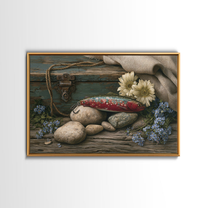 Trout Fishing Lure and River Stones Canvas Print, Rustic Art, Living Room Decor, Farmhouse Decor, Rustic, Landscape Wall Art, RUS-3x2-66
