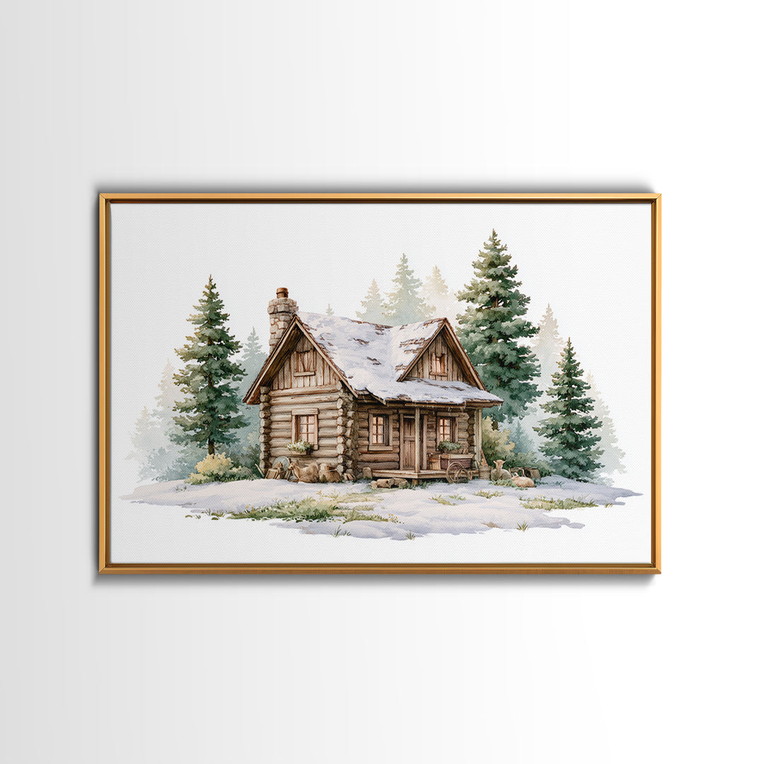 Log Cabin with Snowy Pines Canvas Print, Rustic Art, Textured Painting, Farmhouse Decor, Watercolor Art, Rustic, Digital Print, RUS-3x2-67