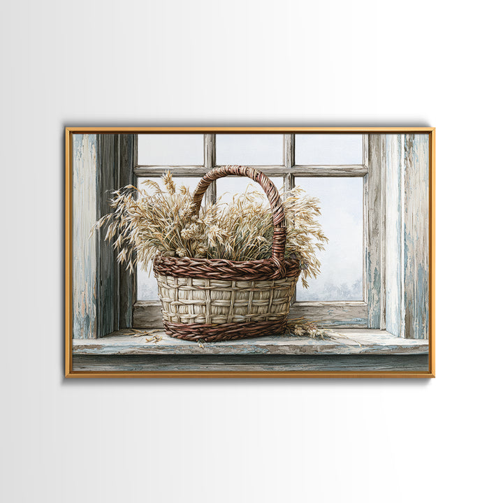 Handwoven Basket with Dried Grasses Canvas Print, Rustic Art, Downloadable Art, Farmhouse Decor, Watercolor Art, Rustic, RUS-3x2-76