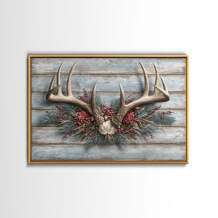 Deer Antlers with Pine Branches and Berries Framed Canvas Print, Rustic Art, Eclectic Wall Art, Farmhouse Decor, Watercolor Art, RUS-3x2-78
