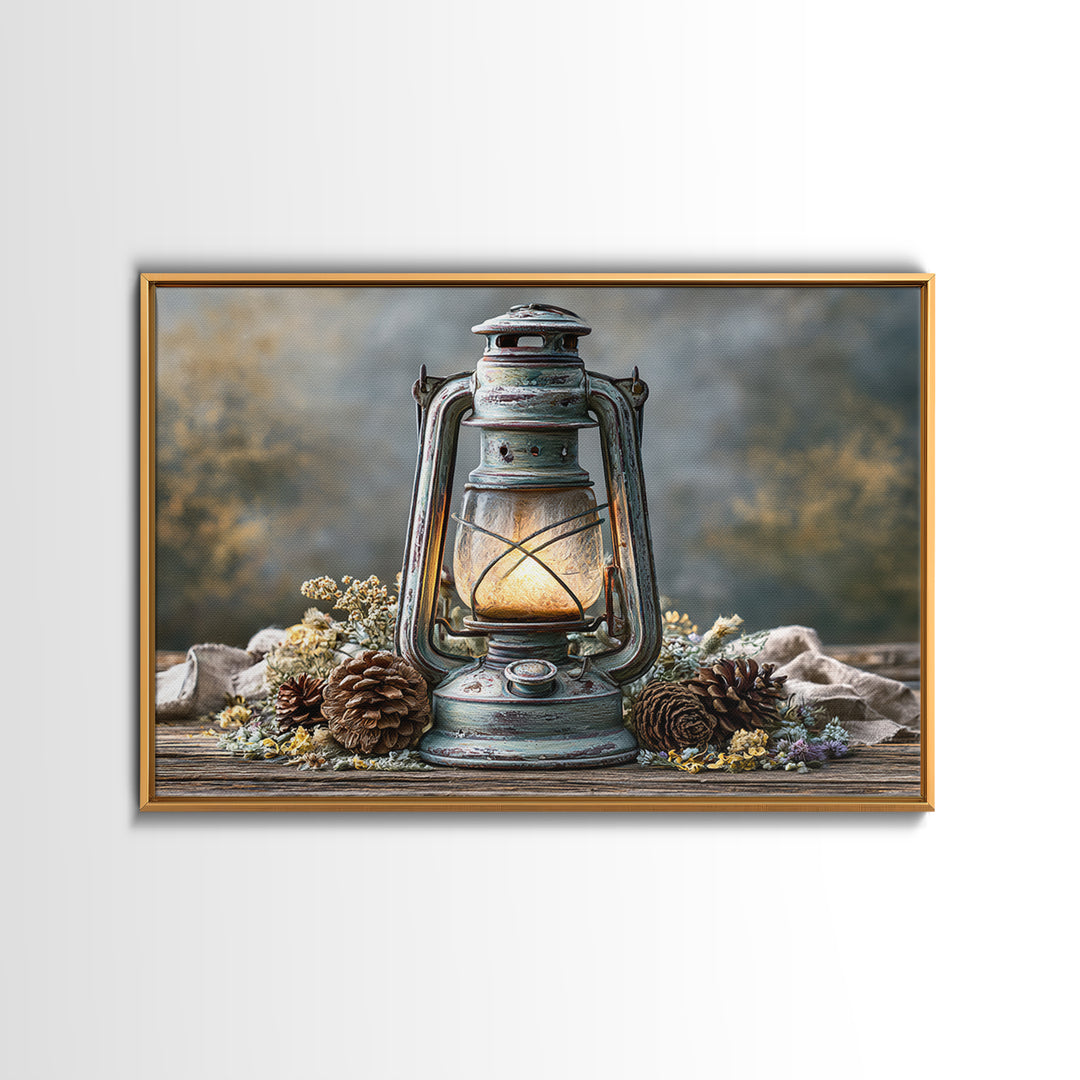 Rustic Lantern Glowing Beside Pinecones Framed Canvas Print, Rustic Art, Fine Art Print, Farmhouse Decor, Watercolor Art, RUS-3x2-80