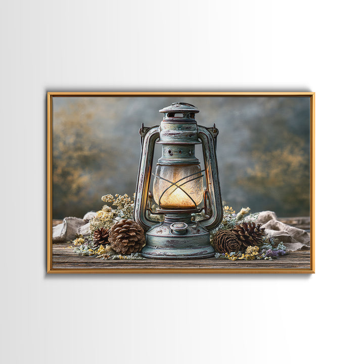 Rustic Lantern Glowing Beside Pinecones Framed Canvas Print, Rustic Art, Fine Art Print, Farmhouse Decor, Watercolor Art, RUS-3x2-80
