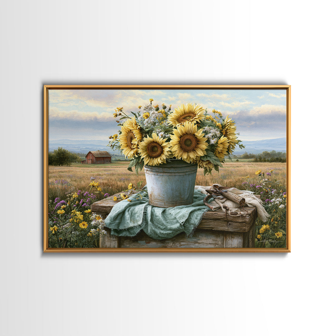 Sunflowers in a Metal Bucket Canvas Print, Rustic Art, Boho Decor, Farmhouse Decor, Oil Painting, Rustic, Digital Art, RUS-3x2-88