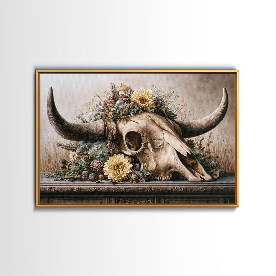 Cow Skull with Desert Flowers Canvas Print, Rustic Art, Living Room Art, Farmhouse Decor, Oil Painting, Rustic, RUS-3x2-93