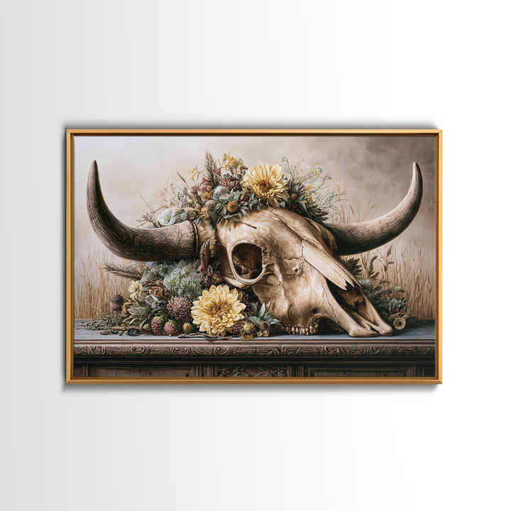 Cow Skull with Desert Flowers Canvas Print, Rustic Art, Living Room Art, Farmhouse Decor, Oil Painting, Rustic, RUS-3x2-93