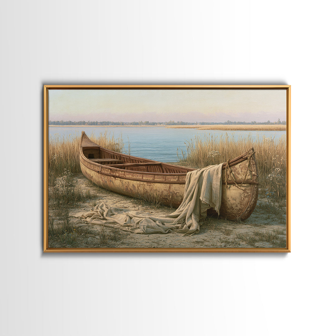 Old Canoe Pulled Onto a Lake Shore Framed Canvas Print, Rustic Art, Luxury Decor, Farmhouse Decor, Fine Art, Rustic, RUS-3x2-96