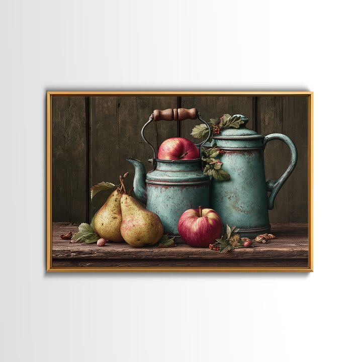 Rustic Pear and Apple Still Life Framed Canvas Print, Rustic Art, Gallery Wall Set, Farmhouse Decor, Watercolor Art, Rustic, RUS-3x2-97