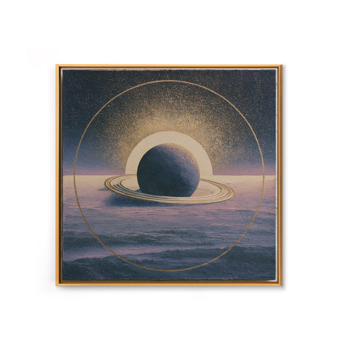 Ringed Planet Rising Framed Canvas Print, Space Art, Retro Wall Art, Spa Decor, Oil Painting, Serenity, Textured Painting, SAR-1x1-2