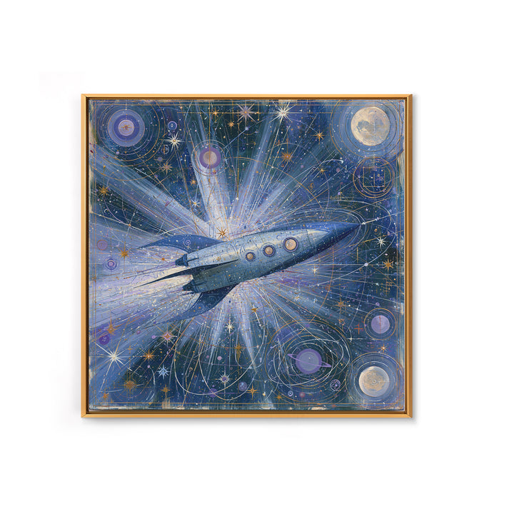 Rocket Ship Crossing a Retro Star Field Framed Canvas Print, Space Art, Fine Art Print, Spa Decor, Watercolor Art, Serenity, SAR-1x1-34