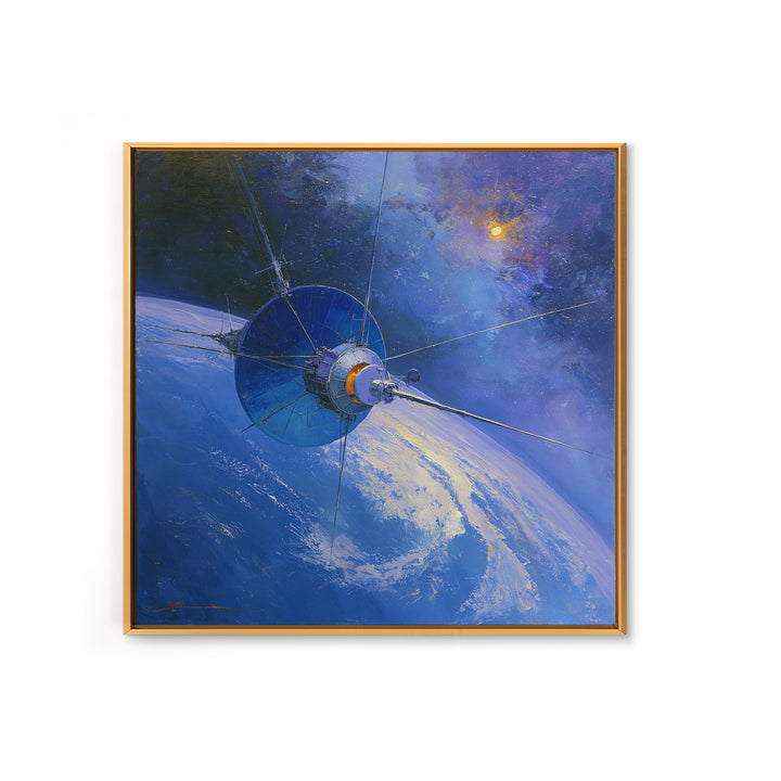 Satellite Orbiting Above Blue Planet Framed Canvas Print, Space Art, Retro Wall Art, Spa Decor, Abstract Art, Serenity, SAR-1x1-84