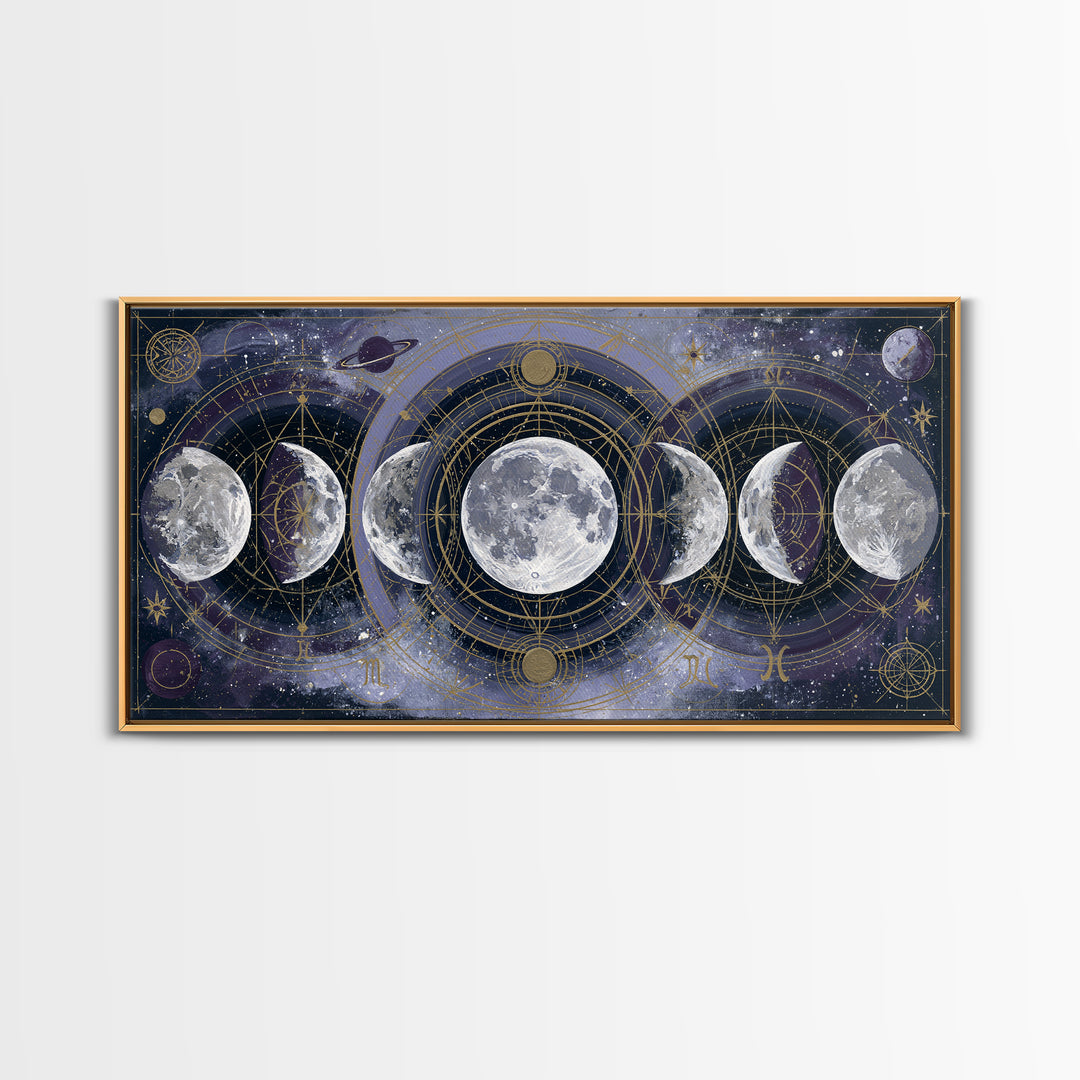Moon Phases in Elegant Monochrome Framed Canvas Print, Space Art, Printable Wall Art, Spa Decor, Serenity, Retro Wall Art, SAR-2x1-37