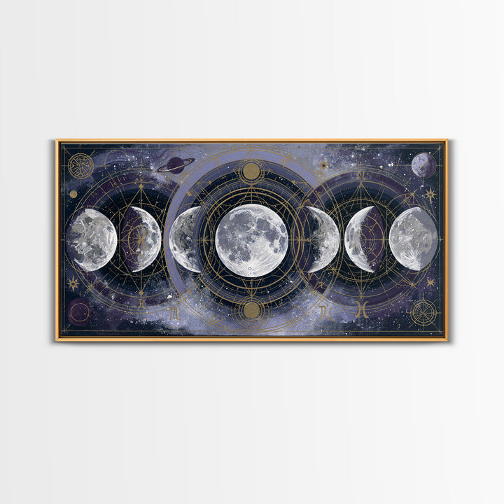 Moon Phases in Elegant Monochrome Framed Canvas Print, Space Art, Printable Wall Art, Spa Decor, Serenity, Retro Wall Art, SAR-2x1-37