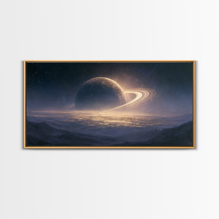 Ringed Planet Rising Framed Canvas Print, Space Art, Posters, Spa Decor, Fine Art, Serenity, Abstract Art, Printable Art, SAR-2x1-46