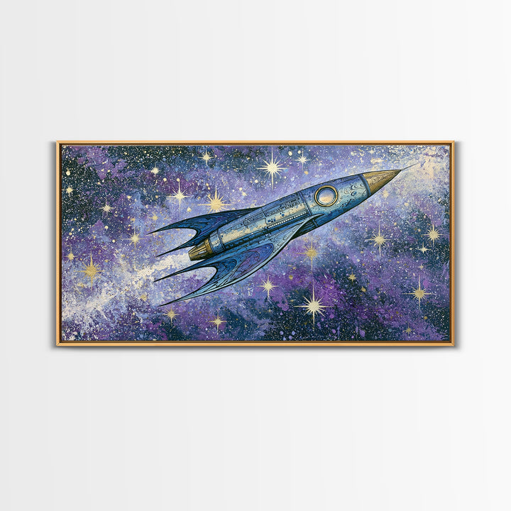 Rocket Ship Crossing a Retro Star Field Canvas Print, Space Art, Art Prints, Spa Decor, Fine Art, Serenity, Abstract Wall Art, SAR-2x1-54