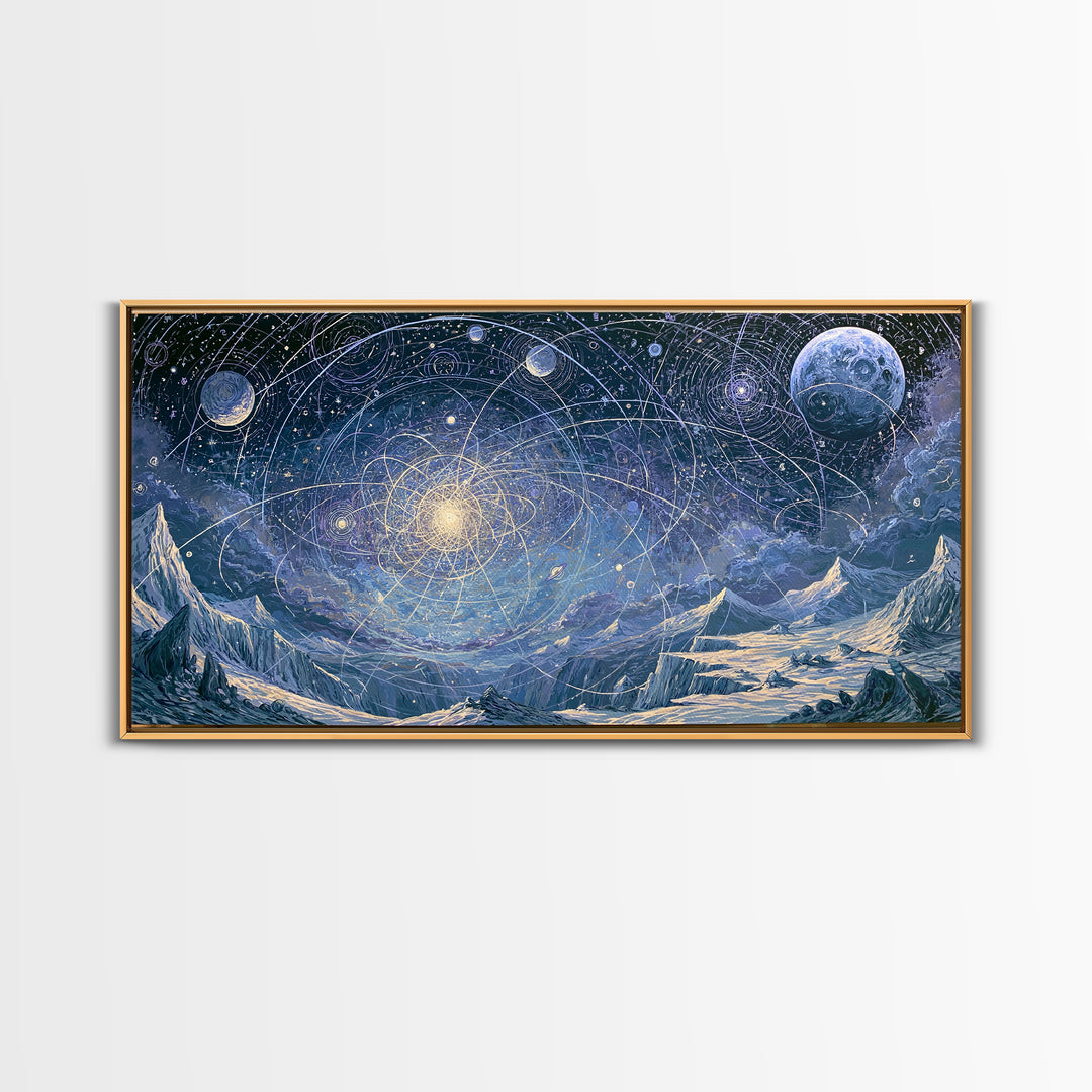 Alien Moonrise over Icy Cliffs Framed Canvas Print, Space Art, Printable Wall Art, Spa Decor, Oil Painting, Serenity, SAR-2x1-90