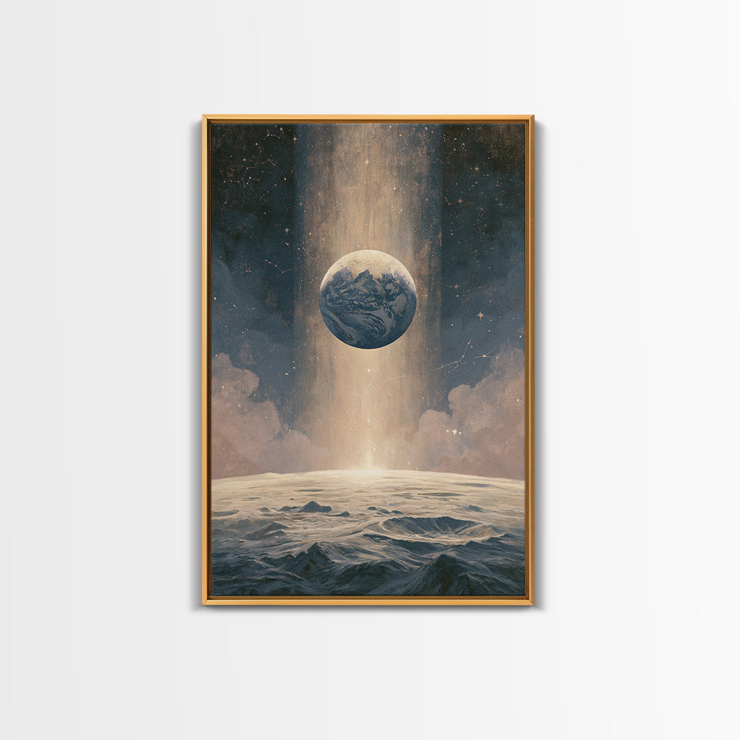 Moon Surface with Earth Hanging Above Framed Canvas Print, Space Art, Canvas Wall Art, Spa Decor, Fine Art, Serenity, SAR-2x3-37