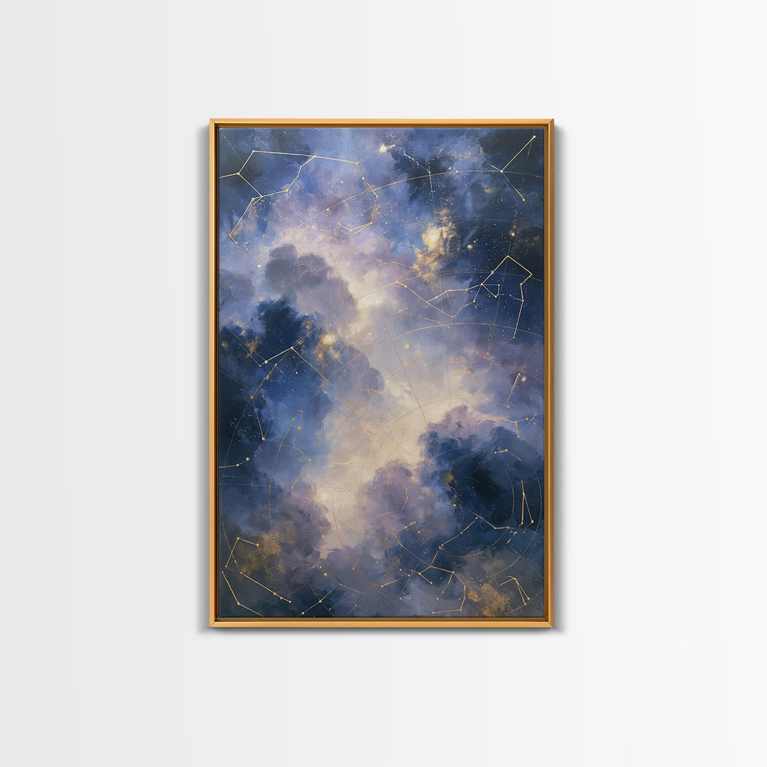 Star Map with Gold Constellation Lines Framed Canvas Print, Space Art, Room Decor, Spa Decor, Fine Art, Serenity, Printable Art, SAR-2x3-46