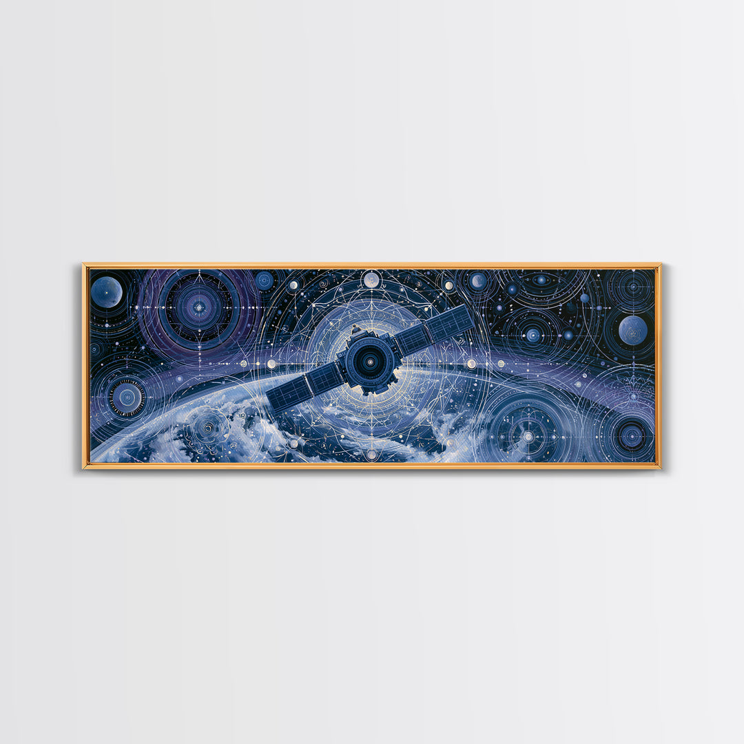 Satellite Orbiting Above Blue Planet Canvas Print, Space Art, Painting, Spa Decor, Abstract Art, Serenity, Canvas Wall Art, SAR-3x1-100