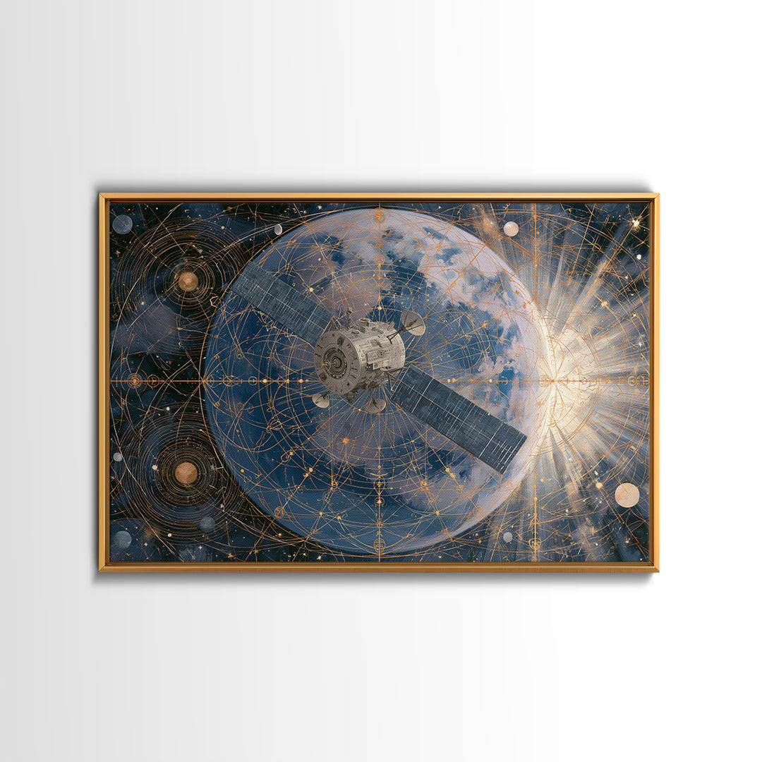 Satellite Orbiting Above Blue Planet Framed Canvas Print, Space Art, Textured Painting, Spa Decor, Oil Painting, Serenity, SAR-3x2-40