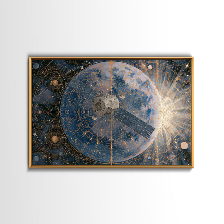 Satellite Orbiting Above Blue Planet Framed Canvas Print, Space Art, Textured Painting, Spa Decor, Oil Painting, Serenity, SAR-3x2-40