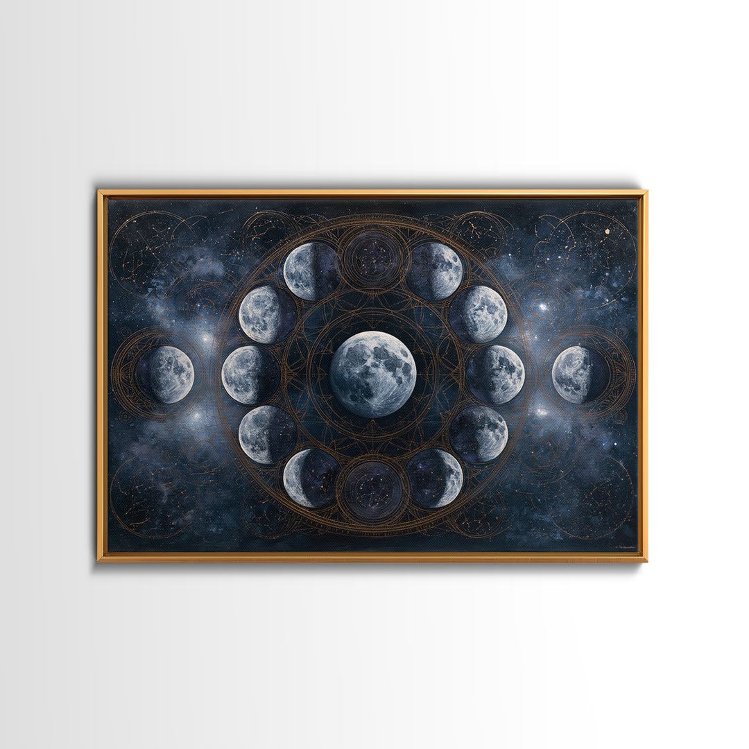 Moon Phases in Elegant Monochrome Framed Canvas Print, Space Art, Textured Painting, Spa Decor, Fine Art, Serenity, Art Prints, SAR-3x2-45