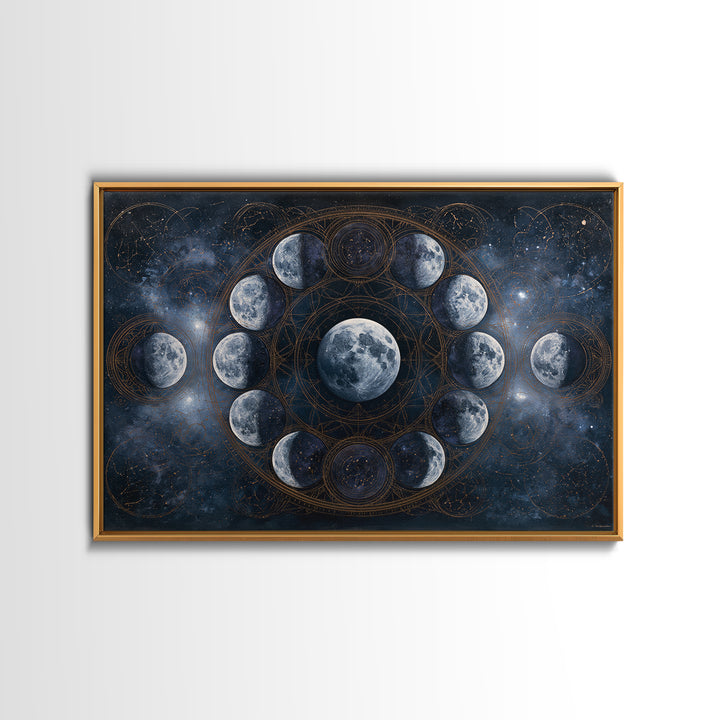 Moon Phases in Elegant Monochrome Framed Canvas Print, Space Art, Textured Painting, Spa Decor, Fine Art, Serenity, Art Prints, SAR-3x2-45