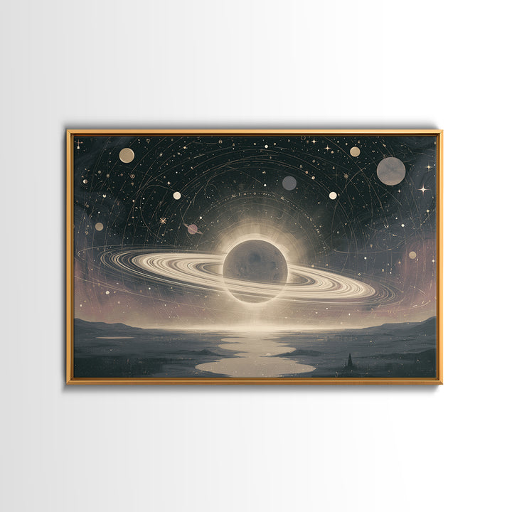 Ringed Planet Rising Framed Canvas Print, Space Art, Space, Spa Decor, Fine Art, Serenity, Statement Artwork, Boho Decor, SAR-3x2-6