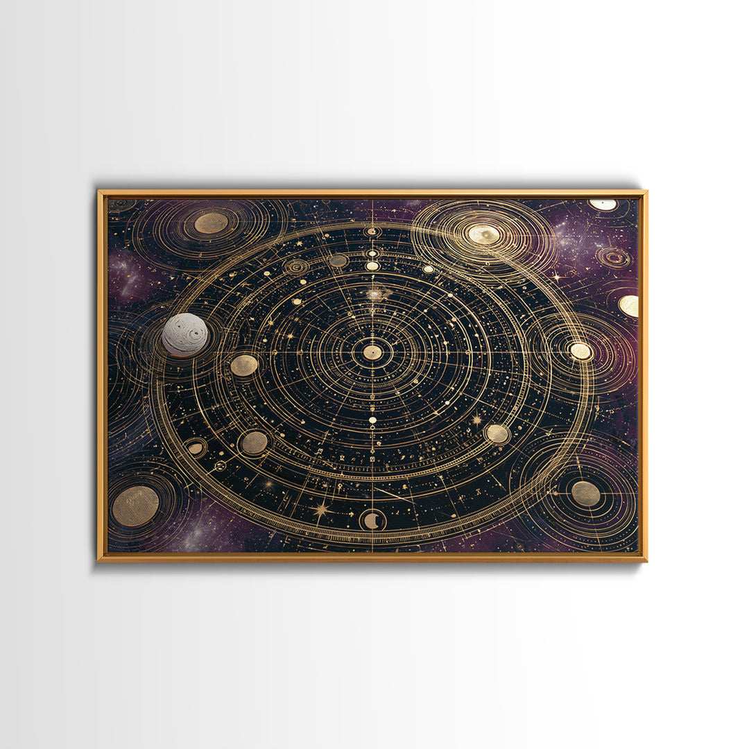 Solar System Arrangement Framed Canvas Print, Space Art, Spa Decor, Watercolor Art, Serenity, Living Room Wall Art, SAR-3x2-80