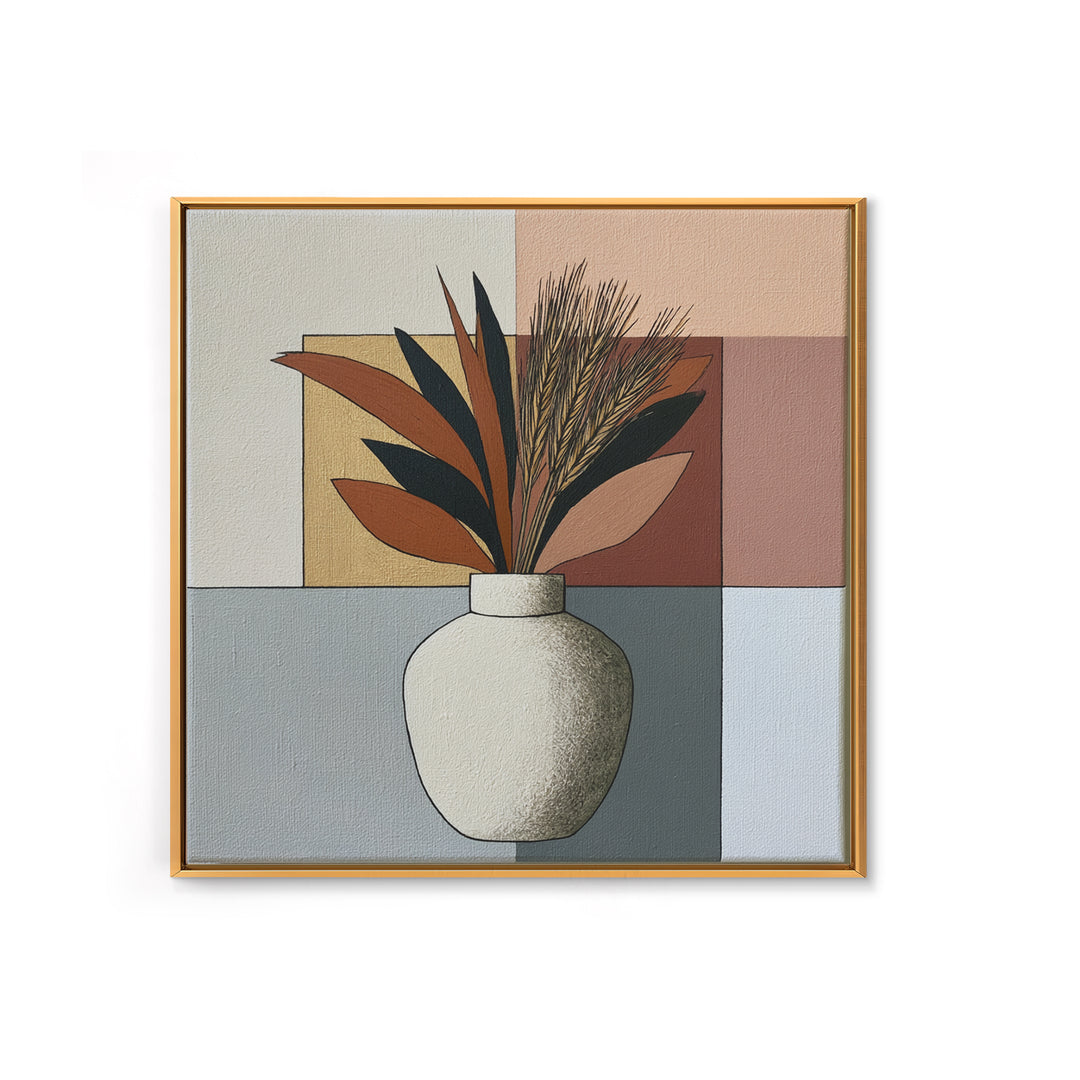 Ceramic Vase with Dried Grasses Framed Canvas Print, Scandinavian Art, Living Room Decor, Oil Painting, Nordic, SCA-1x1-37