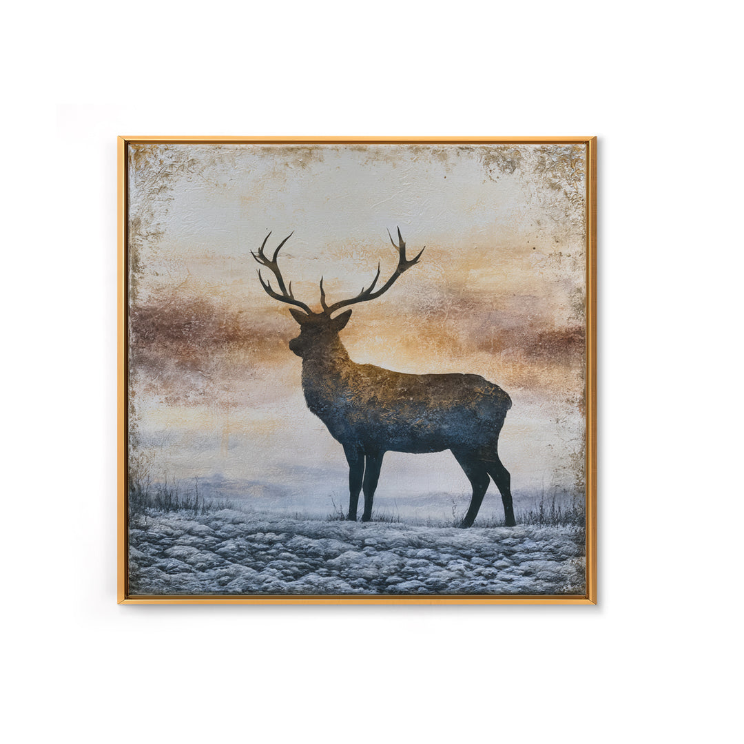 Reindeer Silhouette in Snowy Landscape Framed Canvas Print, Scandinavian Art, Abstract Painting, Living Room Decor, Nordic, SCA-1x1-6