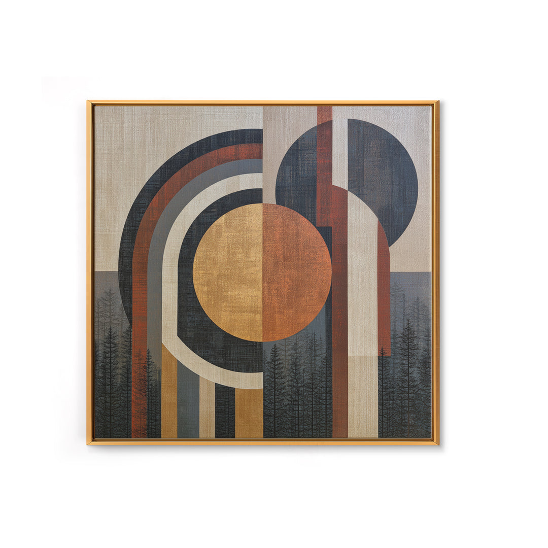 Minimal Sun over Pine Forest Framed Canvas Print, Scandinavian Art, Wall Art, Living Room Decor, Oil Painting, Nordic, SCA-1x1-65