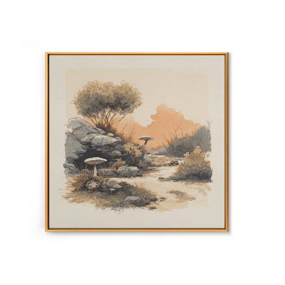 Simple Mushroom and Moss Forest Study Framed Canvas Print, Scandinavian Art, Abstract Painting, Living Room Decor, Nordic, SCA-1x1-72