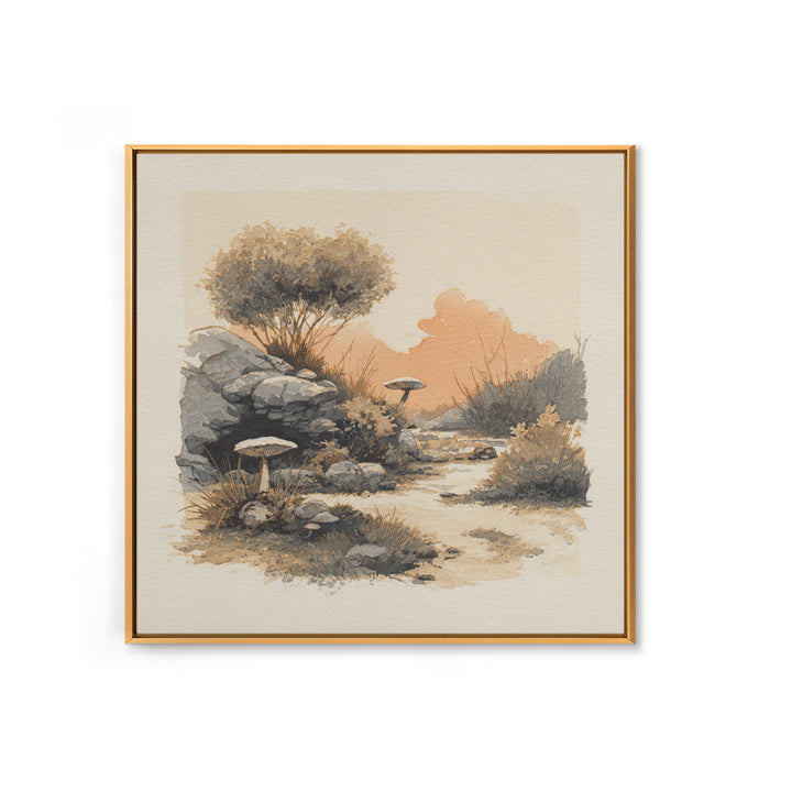 Simple Mushroom and Moss Forest Study Framed Canvas Print, Scandinavian Art, Abstract Painting, Living Room Decor, Nordic, SCA-1x1-72