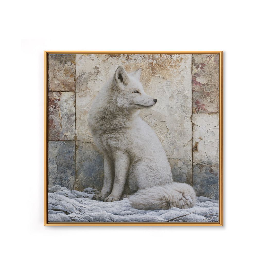 White Fox in Quiet Snow Framed Canvas Print, Scandinavian Art, Living Room Wall Art, Living Room Decor, Abstract Art, Nordic, SCA-1x1-84