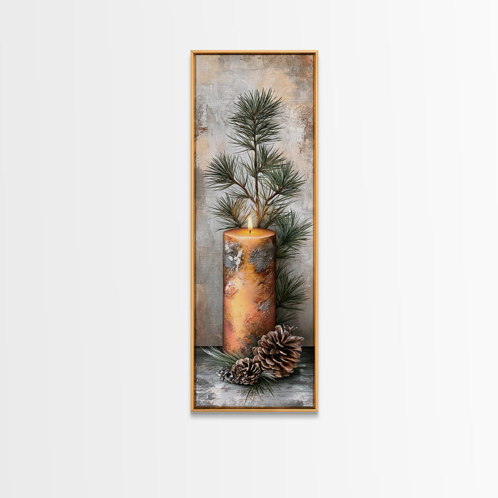 Hygge Candle and Pine Branch Still Life Canvas Print, Scandinavian Art, Original Painting, Living Room Decor, Fine Art, Nordic, SCA-1x3-16