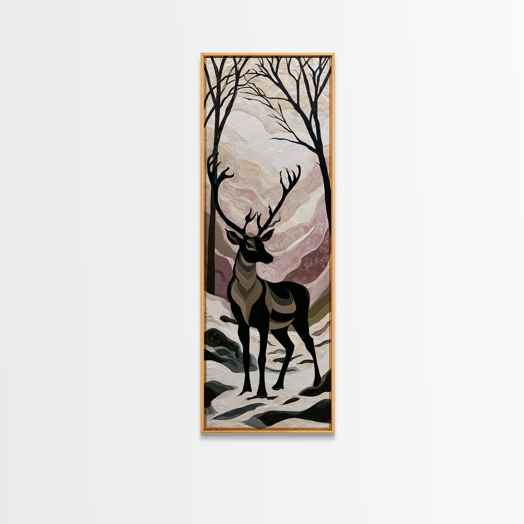 Reindeer Silhouette in Snowy Landscape Canvas Print, Scandinavian Art, Luxury Decor, Living Room Decor, Oil Painting, Nordic, SCA-1x3-18