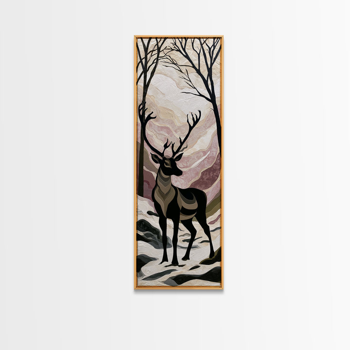 Reindeer Silhouette in Snowy Landscape Canvas Print, Scandinavian Art, Luxury Decor, Living Room Decor, Oil Painting, Nordic, SCA-1x3-18