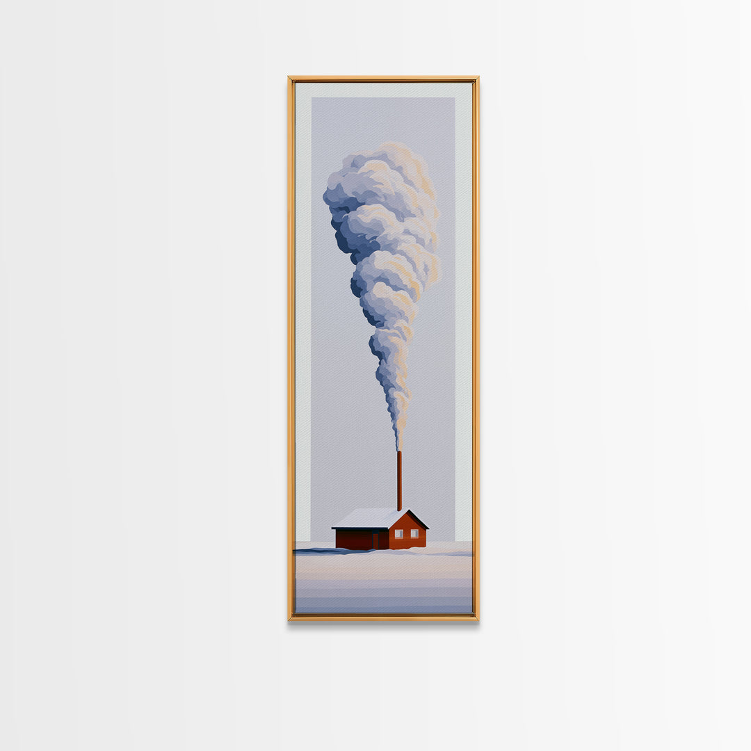 Winter Cabin Smoke Framed Canvas Print, Scandinavian Art, Fine Art Print, Living Room Decor, Oil Painting, Nordic, Printable, SCA-1x3-54
