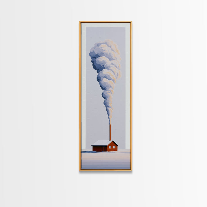 Winter Cabin Smoke Framed Canvas Print, Scandinavian Art, Fine Art Print, Living Room Decor, Oil Painting, Nordic, Printable, SCA-1x3-54