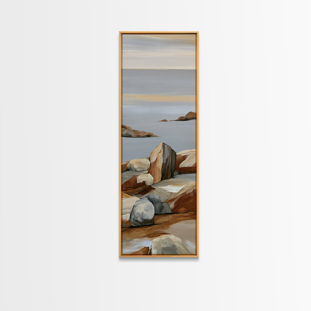 Quiet Coastal Rocks and Gray Sea Canvas Print, Scandinavian Art, Modern Decor, Living Room Decor, Fine Art, Nordic, Wall Decor, SCA-1x3-59